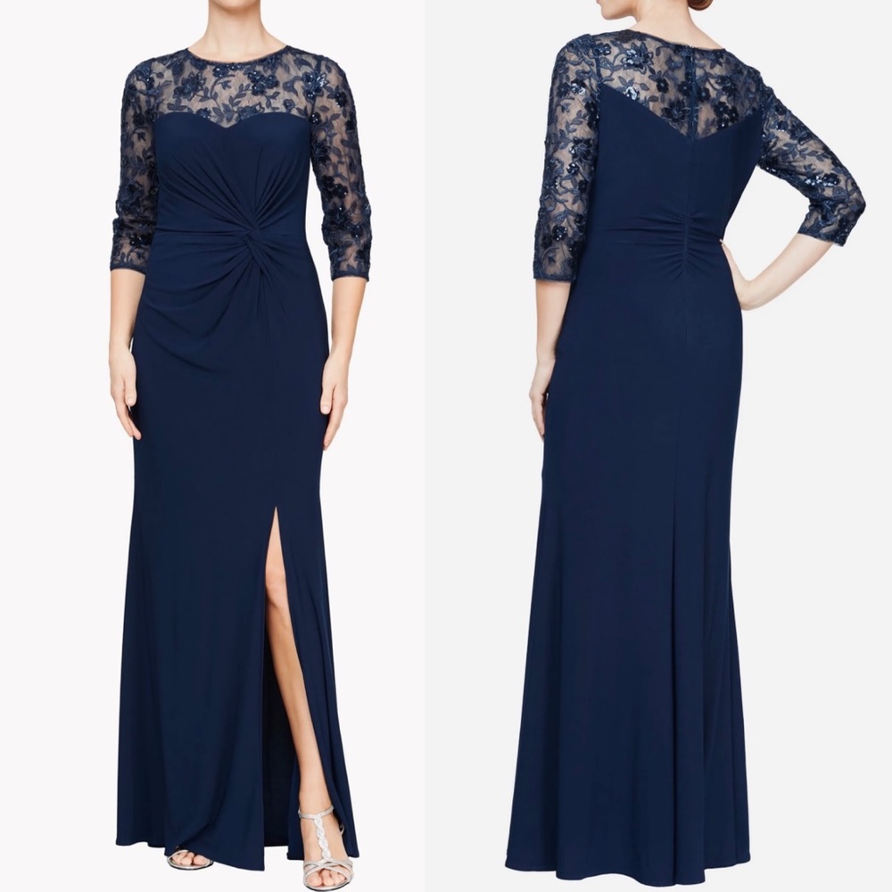 Embroidered Front Knot Gown
Alex Evenings size 14 navy Blue NWT Dress